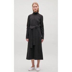 COS Long Sleeve Charcoal Gray Funnel Neck Belted Midi Dress L